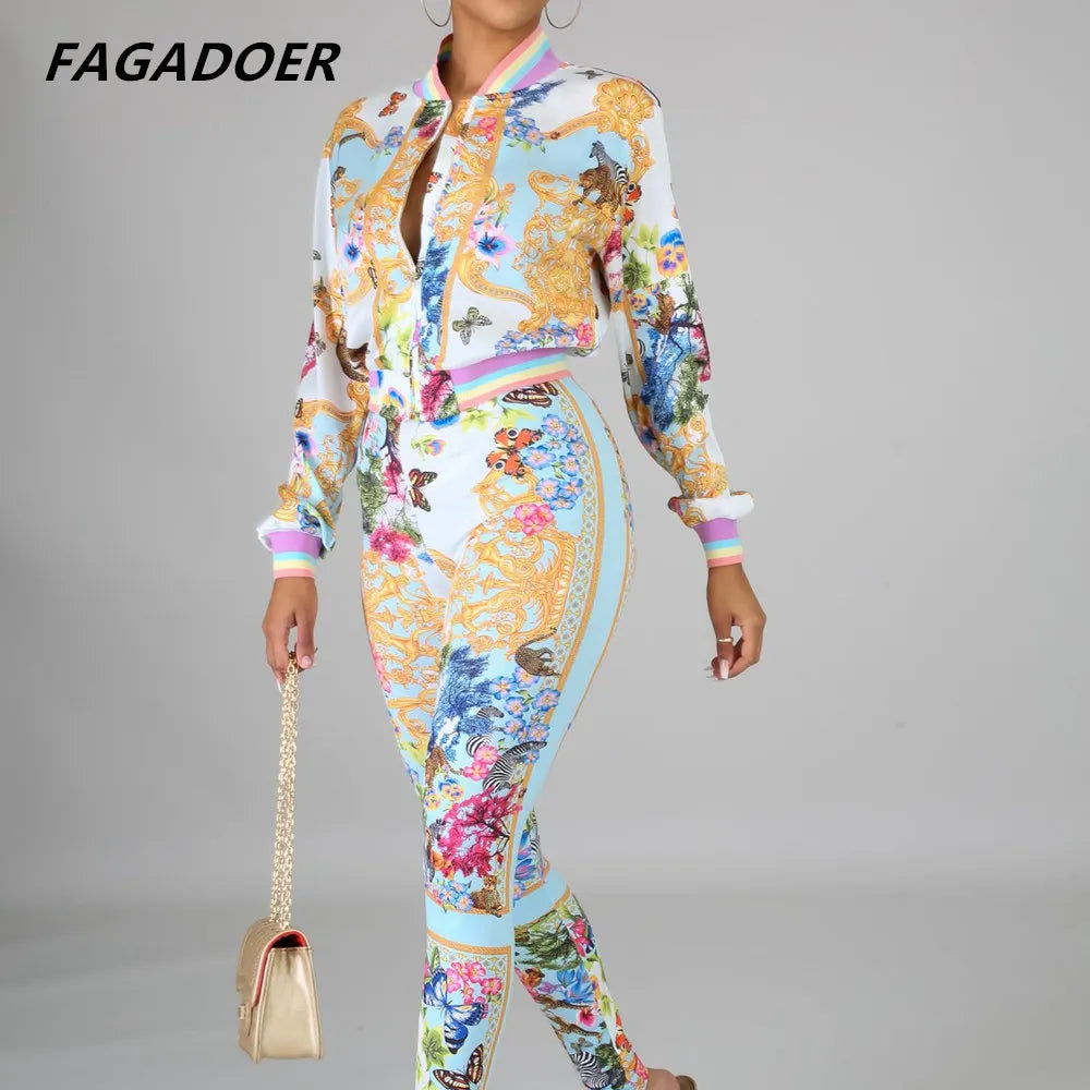 Fagadoer Fall Zip Pattern Printed Women Two Pieces Set