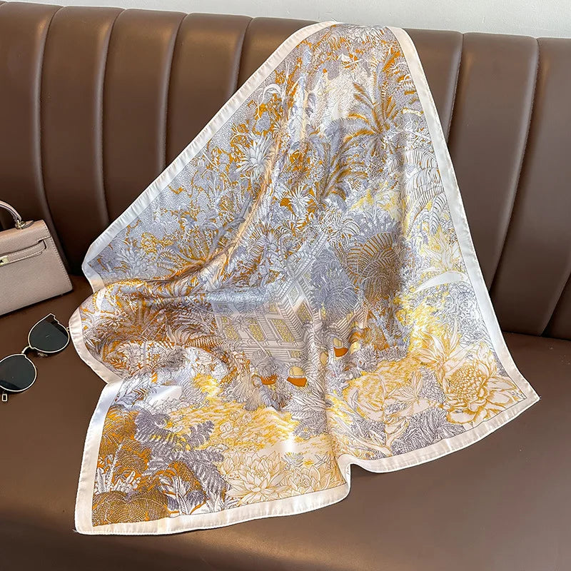 Luxury Floral Print Silk Square Scarf Women Soft Satin Kerchief Hairband