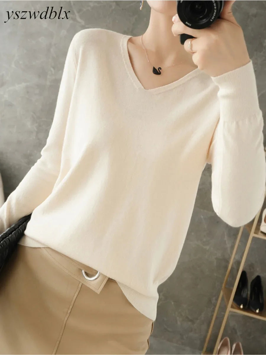 Womens Sweaters Spring Autumn V-neck Knitted Pullovers