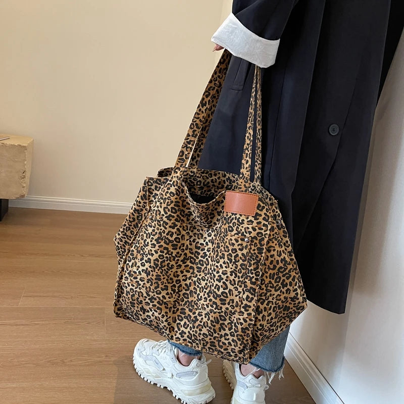 Oversized Leopard Prints Shoulder Bags For Women Deformable Canvas Large Capacity