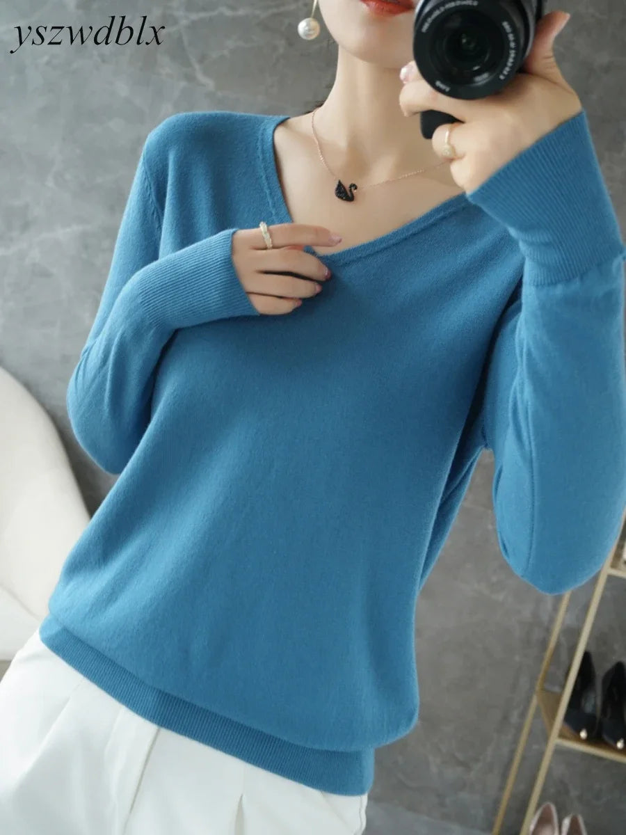 Womens Sweaters Spring Autumn V-neck Knitted Pullovers