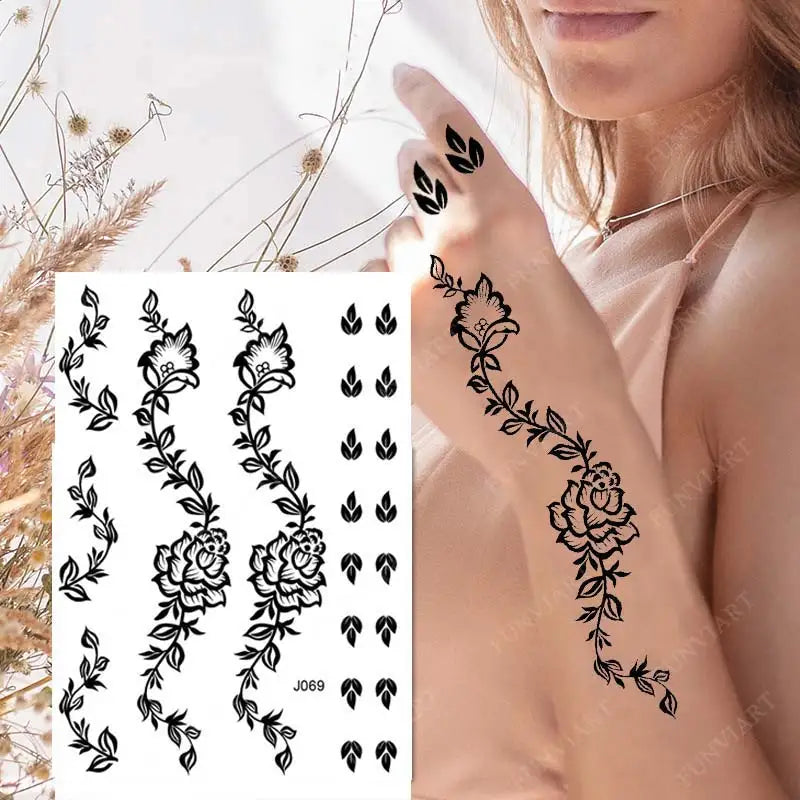 Black Henna Tattoo Sticker Waterproof Temporary Tattoos for Women Body Art