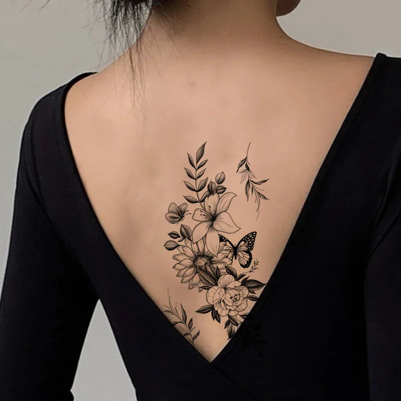 Black Flower Tattoo Stickers for Hand Arm Waterproof Temporary Tattoos for Women