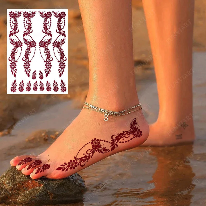 Brown Henna Tattoo Stickers for Foot Hand Flower Fake Tattoo for Women