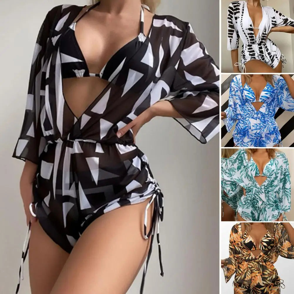 3 Pcs/Set Sexy Bathing Suit Multi Stings Leaf Print Bikini Cover