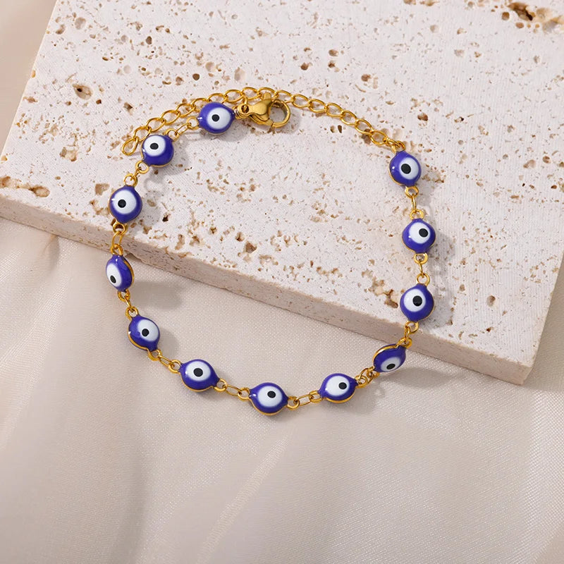 Stainless Steel Evil Eye Bracelet For Women Enamel Round Chain Blue Evil Eye Bead