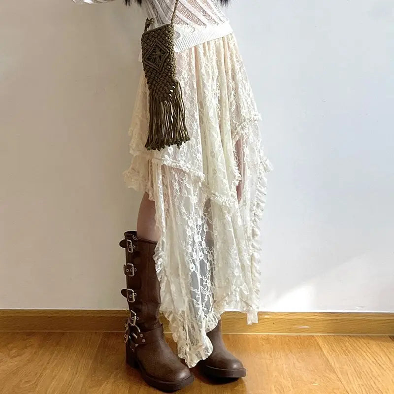 Deeptown Lace Asymmetrical Skirt Fairycore Women Vintage  Fashion