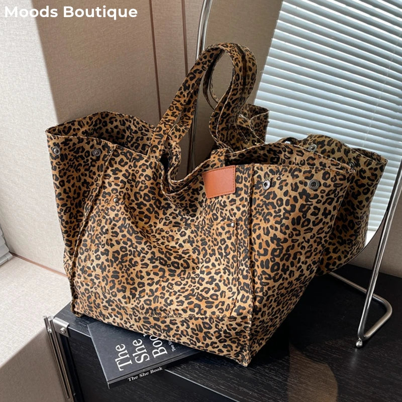 Oversized Leopard Prints Shoulder Bags For Women Deformable Canvas Large Capacity
