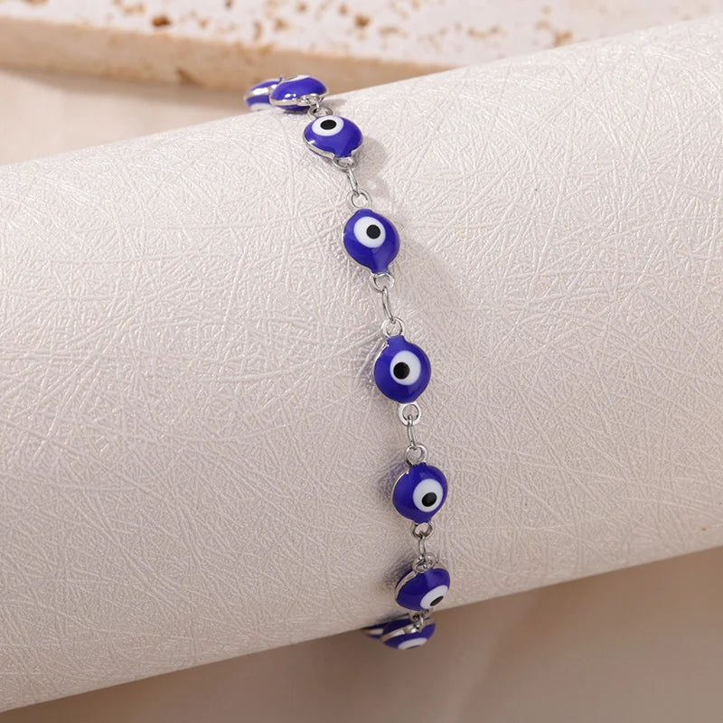 Stainless Steel Evil Eye Bracelet For Women Enamel Round Chain Blue Evil Eye Bead