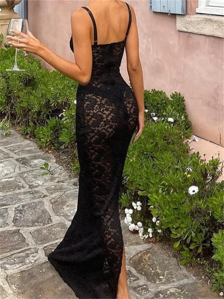 CHRONSTYLE Sexy Women Lace Floral Long Dress Sexy Mesh