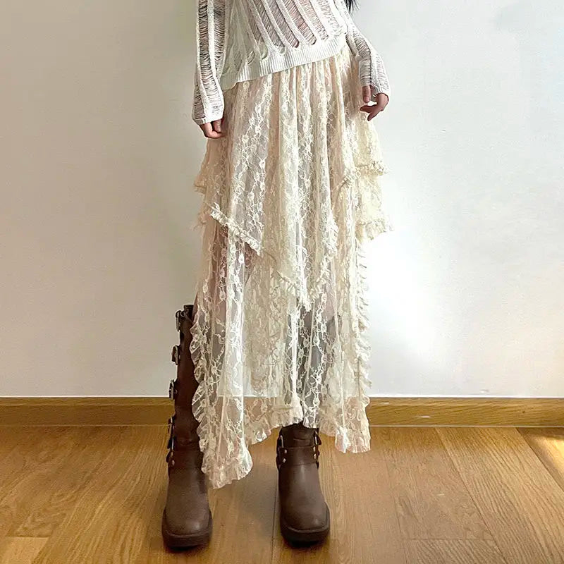 Deeptown Lace Asymmetrical Skirt Fairycore Women Vintage  Fashion